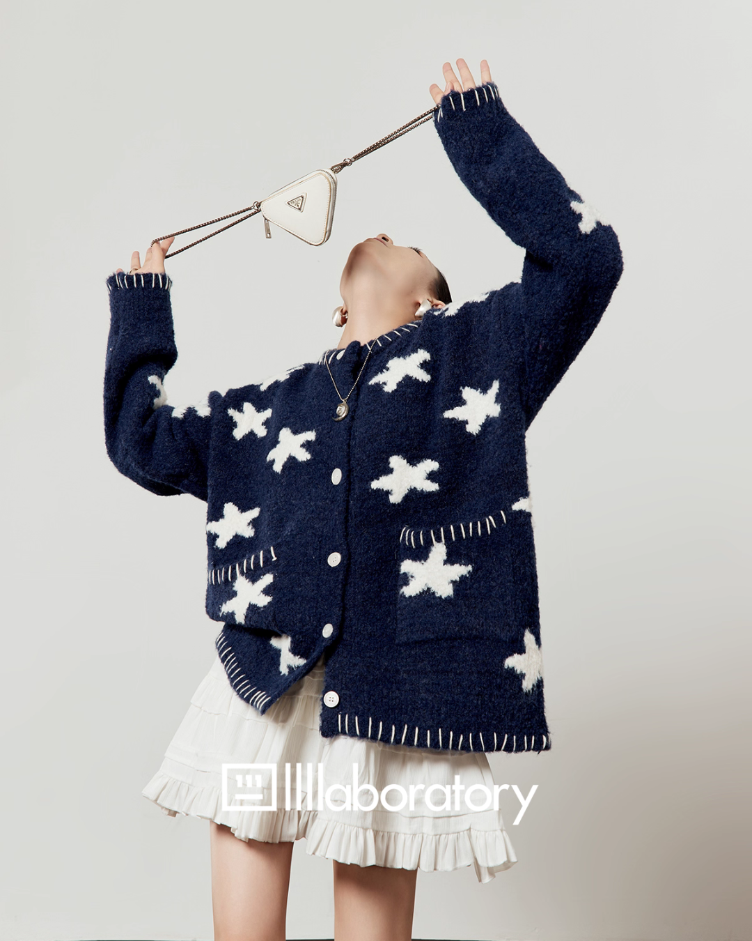 Star Jacquard Round Neck Cardigan / Tiered Design Skirt LLA0529