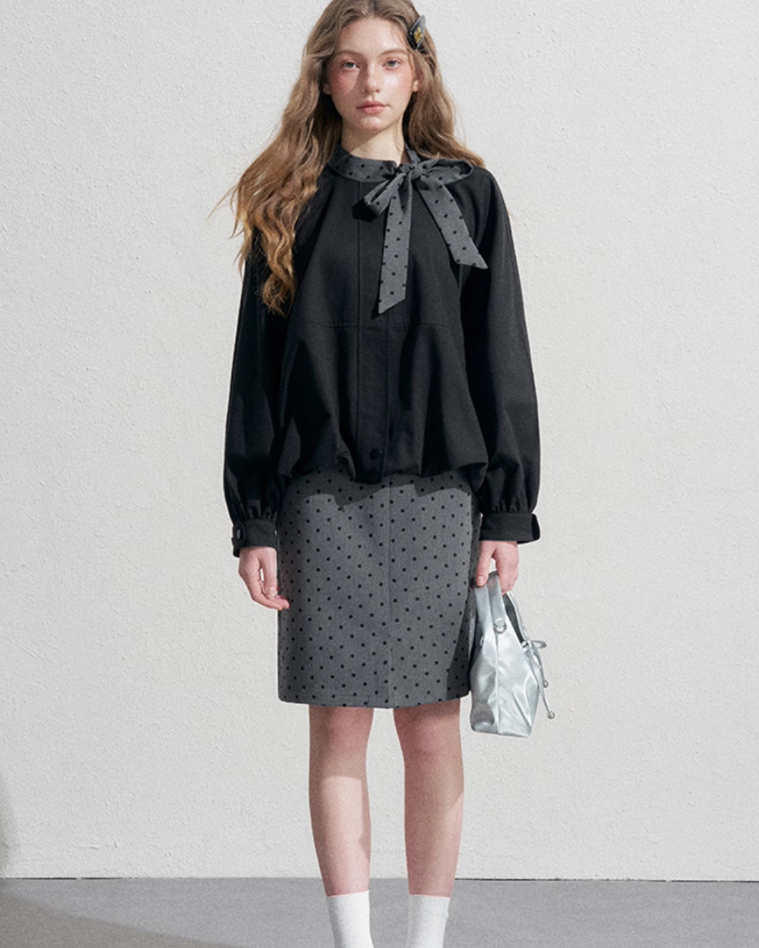 Ribbon Collar Long-Sleeve Blouse / Polka Dot Skirt NEP0002