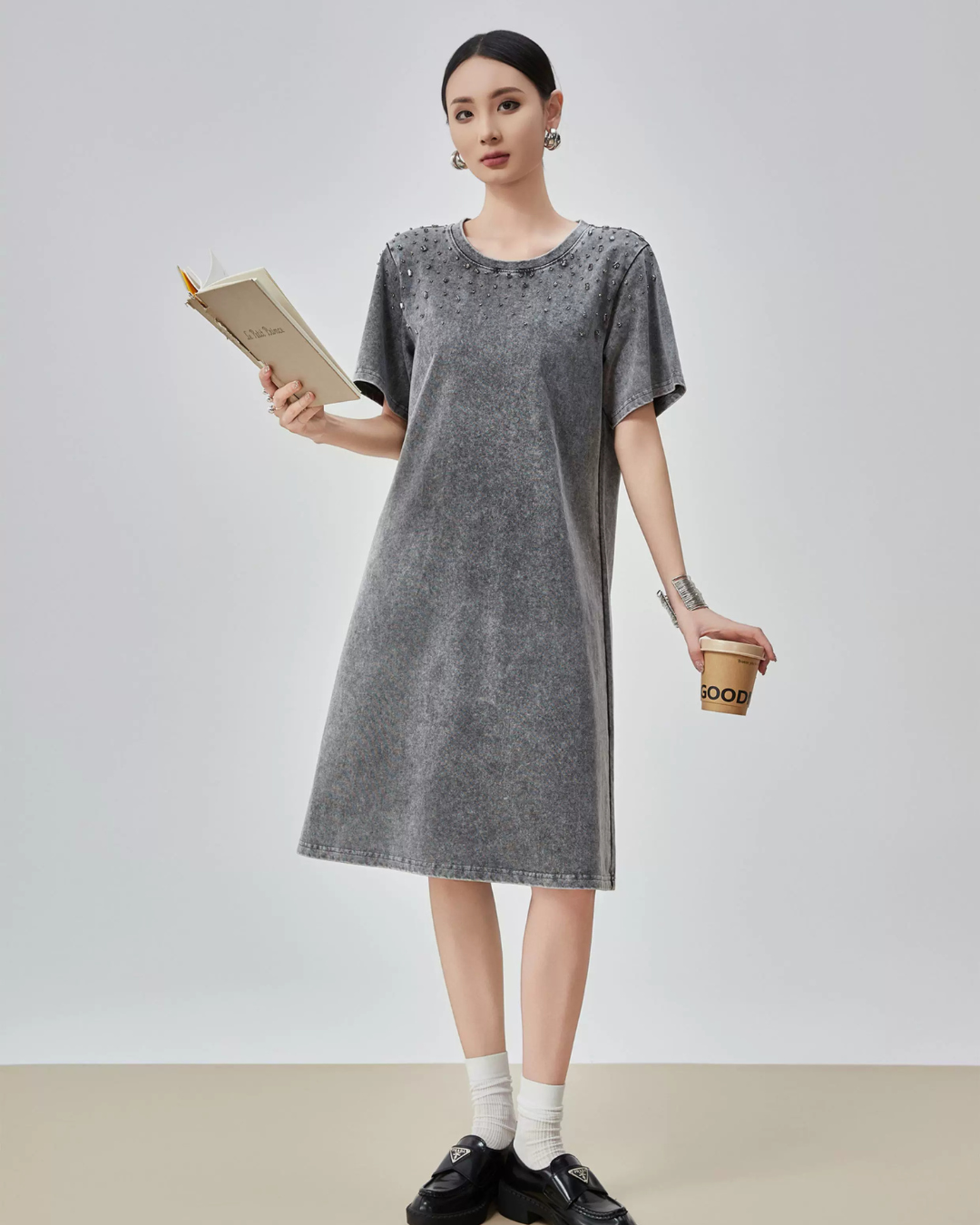 Chemical Wash Studs T-Shirt Dress FER0197