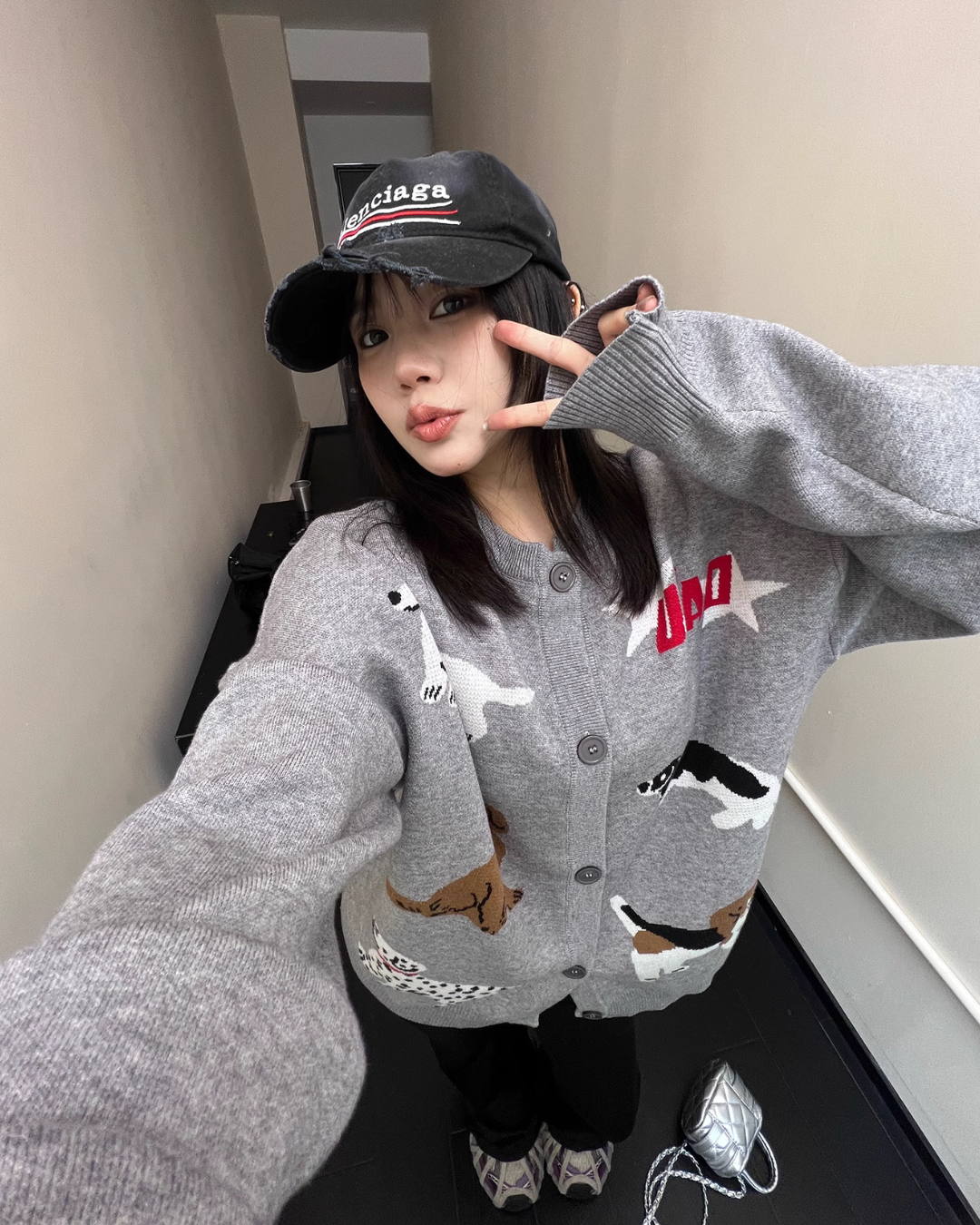 Dog Print Round Neck Knit Cardigan YLS0590