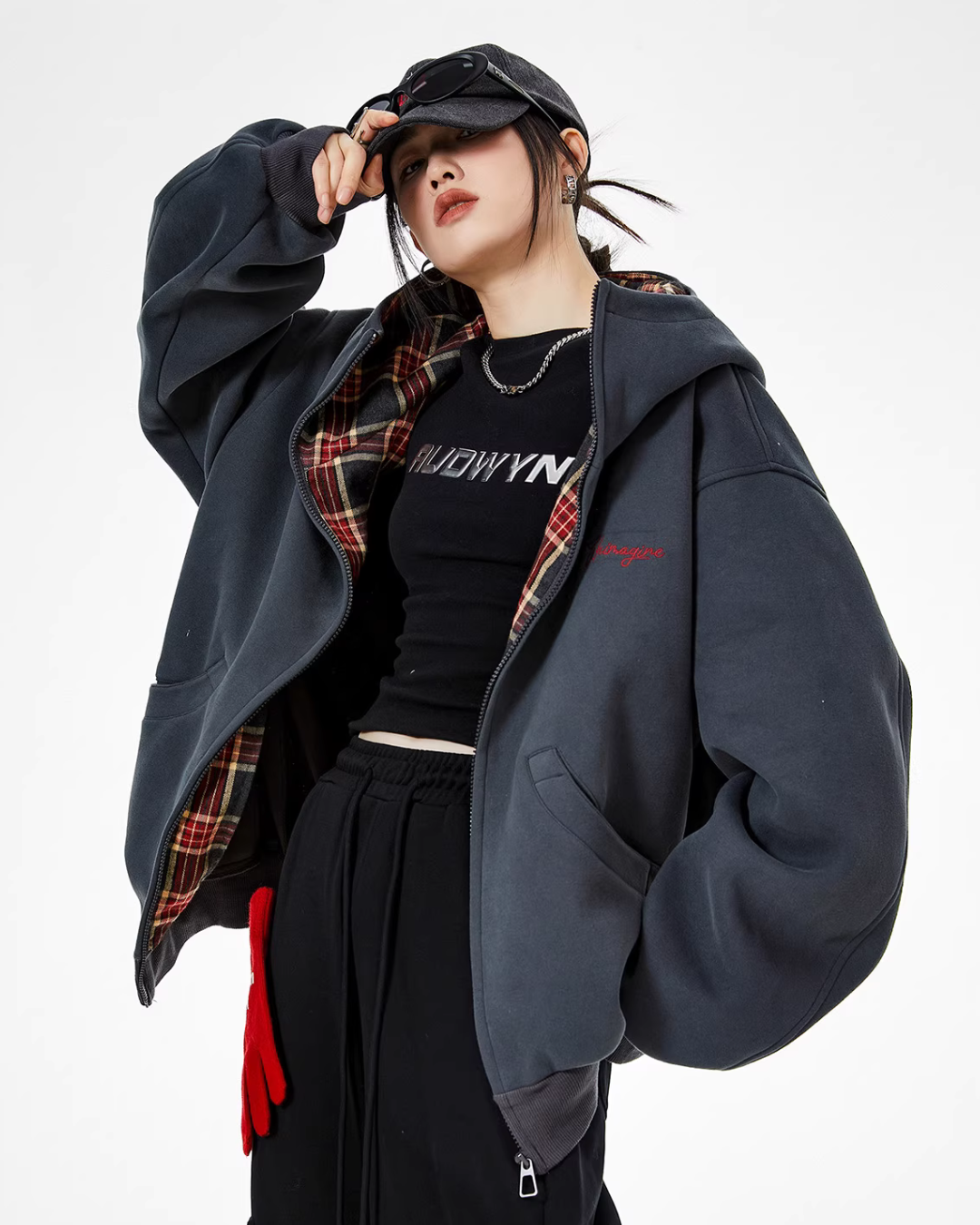 Retro Plaid Stitched Zip Hoodie ICM0069