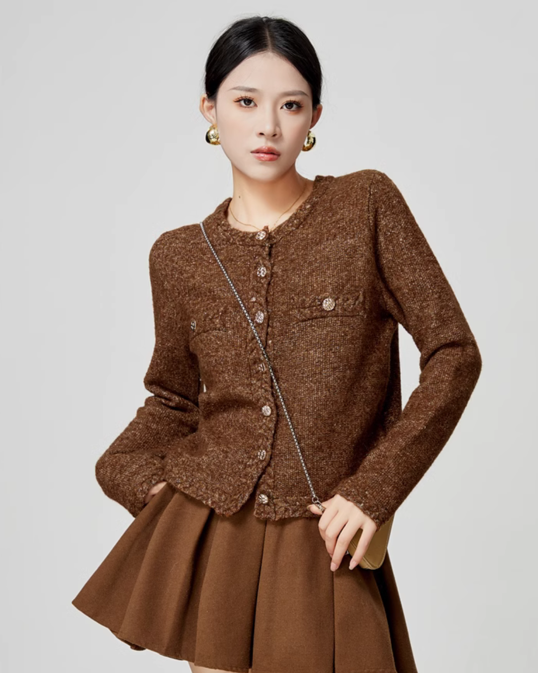 Brown Tweed Jacket / Flared Pleated Skirt LLA0340