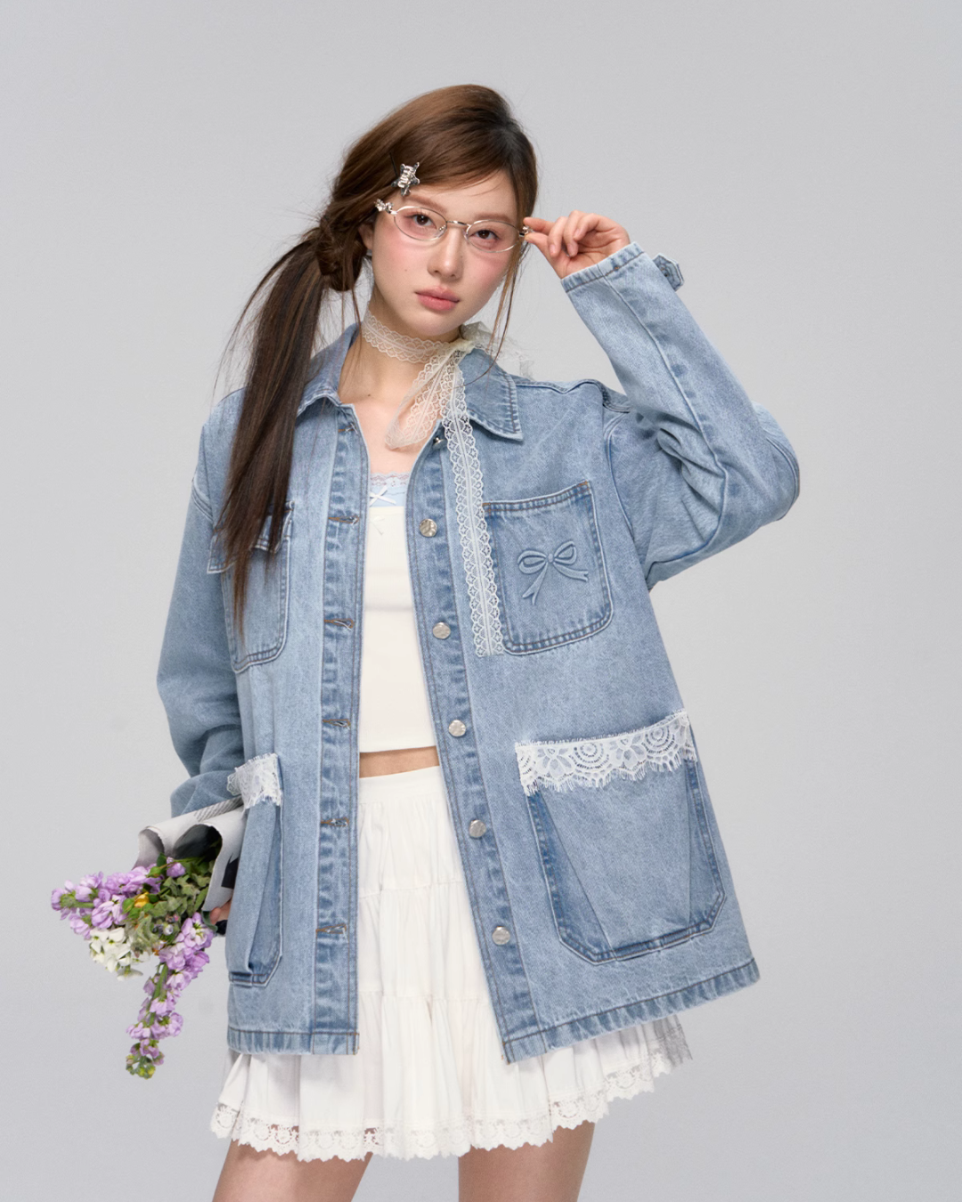 Lace Pocket Denim Jacket / Cropped Lace Camisole ASG0029