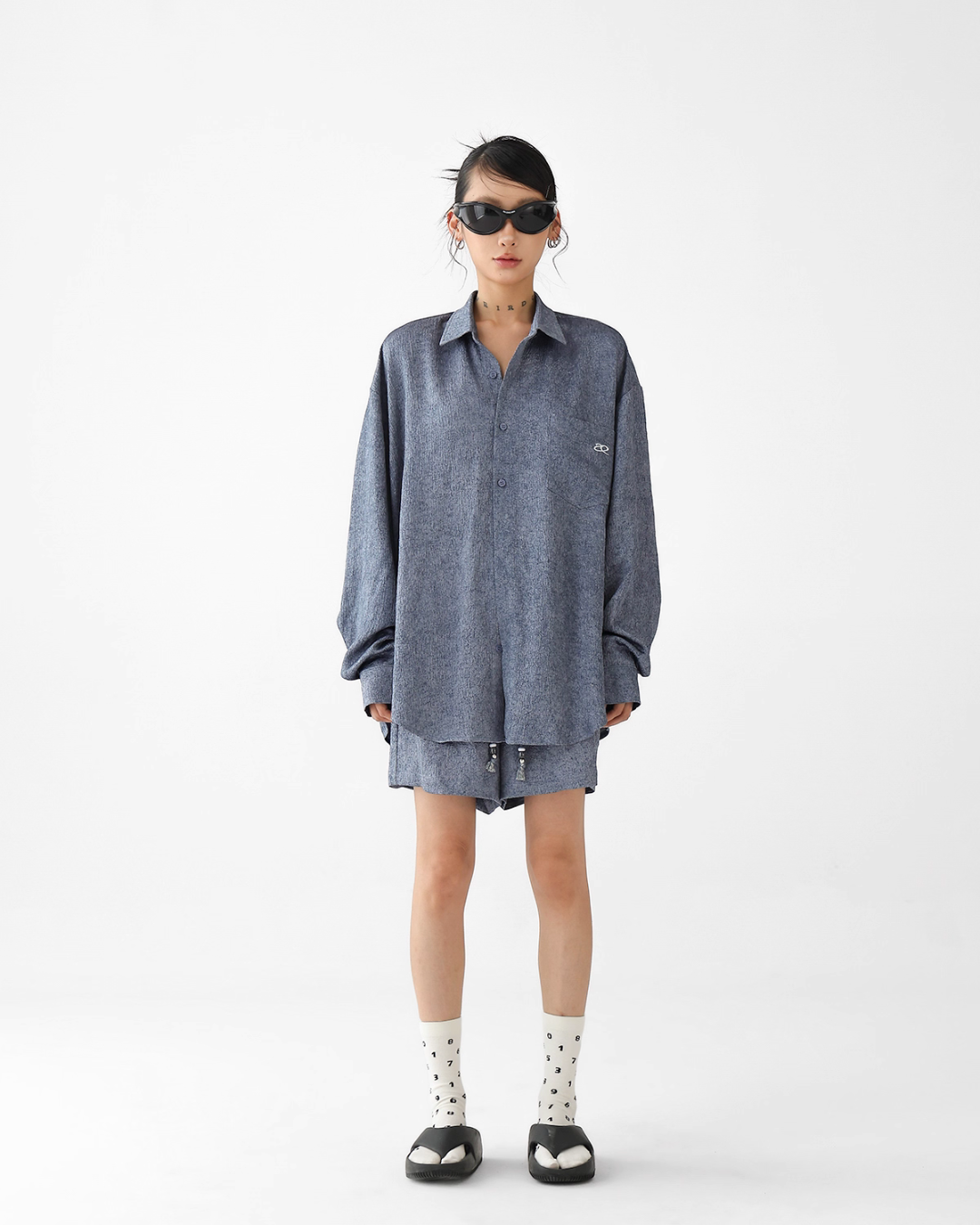 Dark Blue Drape Shirt / Waide Long Pants ACS0264