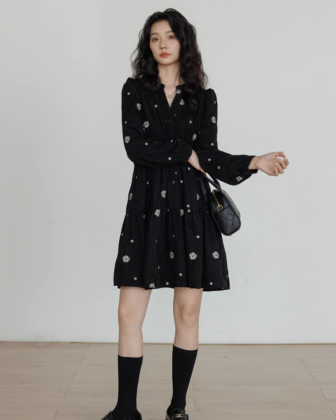 V-Neck Flower Embroidered Dress VAS0001