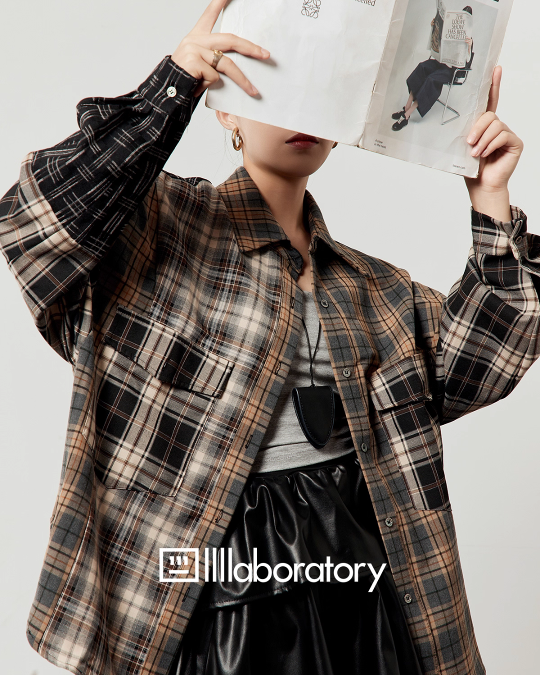 Brown Plaid Shirt / Leather Mini Skirt LLA0519