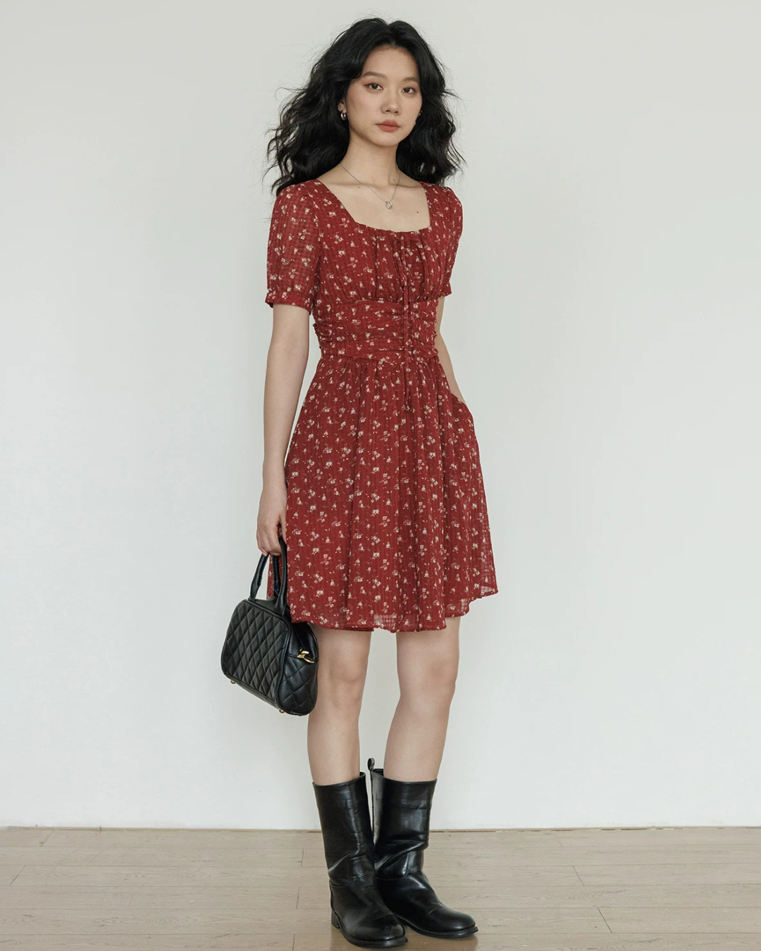 Square Neck Flower Mini Dress VAS0195