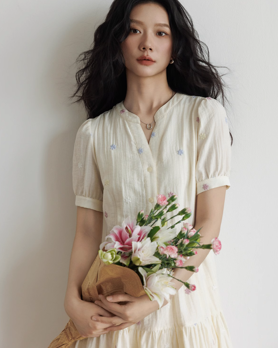 Flower Embroidery Tiered Mini Dress VAS0020