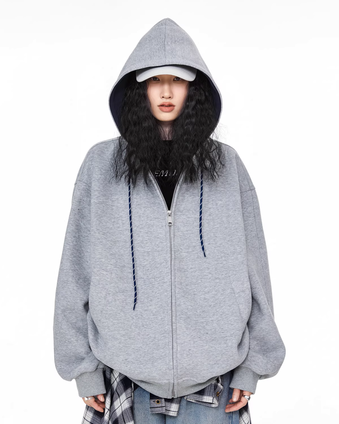 Oversized Drawstring Full Zip Hoodie ICM0073
