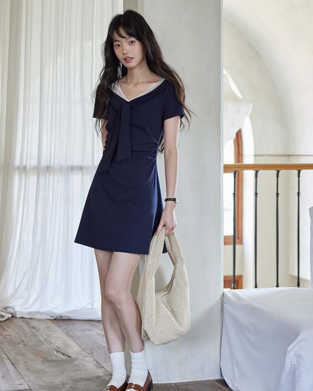 V-neck Navy Blue Dress SMS0025