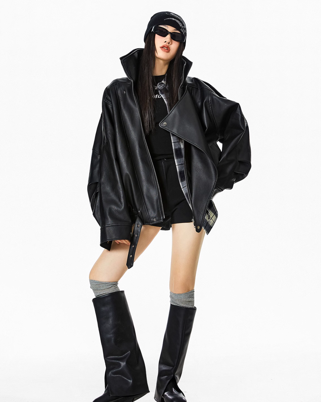 Stand Collar Volume Leather Jacket ICM0063