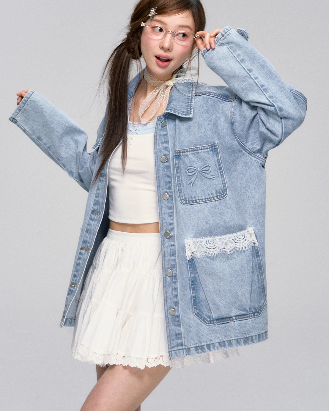 Lace Pocket Denim Jacket / Cropped Lace Camisole ASG0029