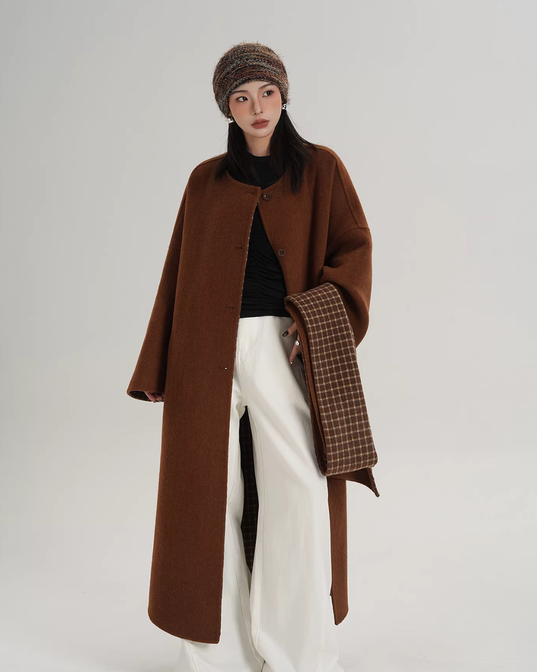 Collarless Coat with Checkered Scarf SRS0405