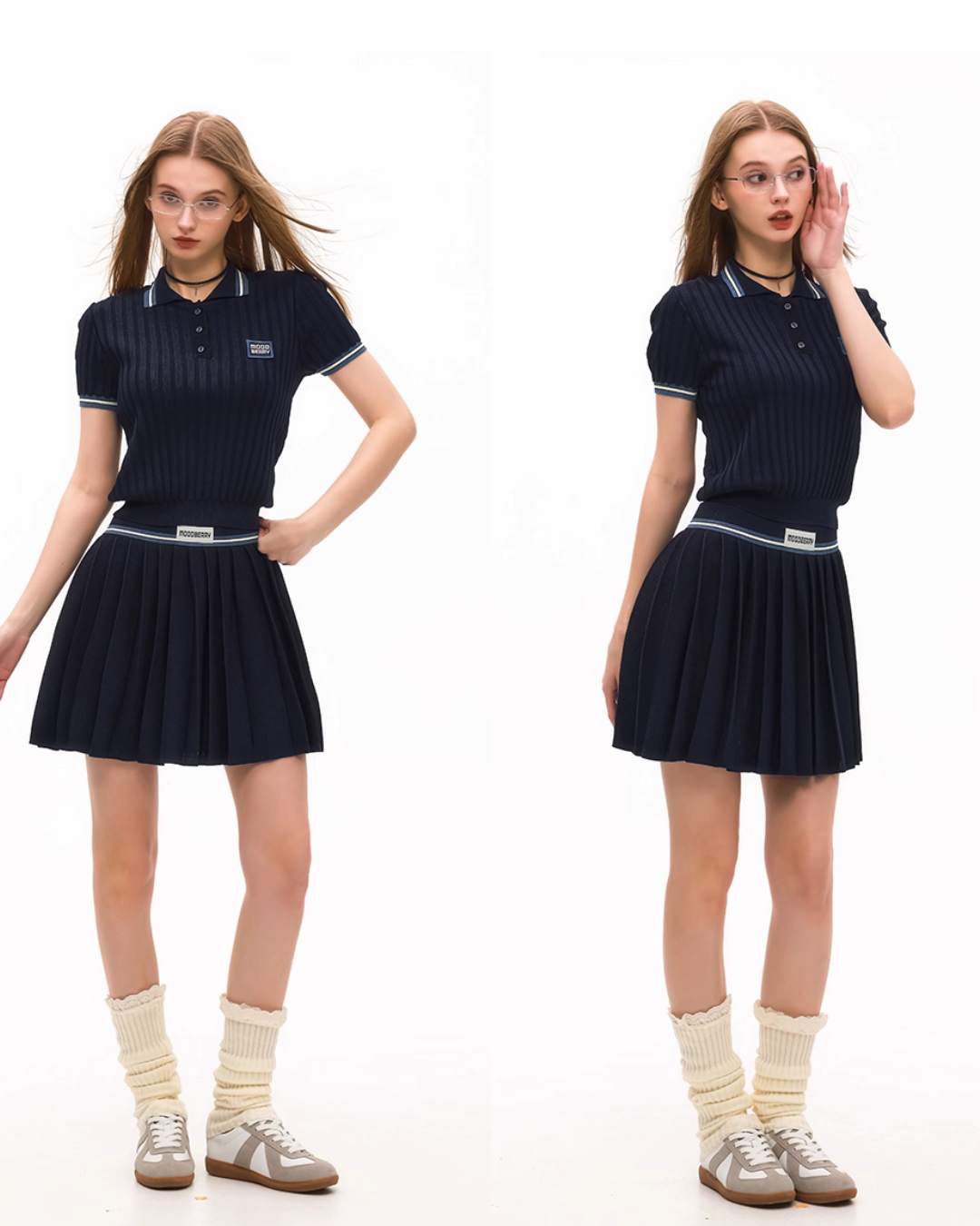 Polo Rib Knit Top / Pleated Skirt MDB0001