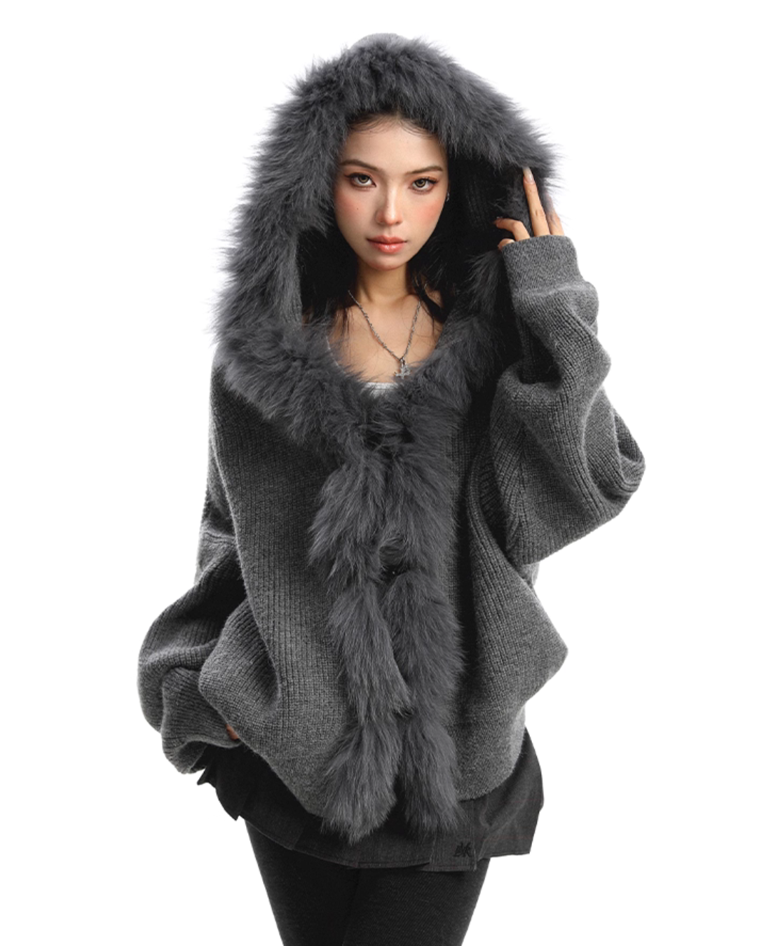 Fur Hood Zip Up Knit BGS0018
