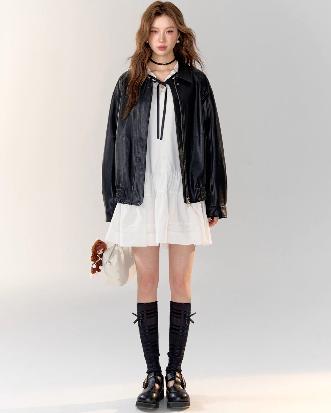 White Bow Tie Pleated Shirt Dress / Leather Jacket ASG0024