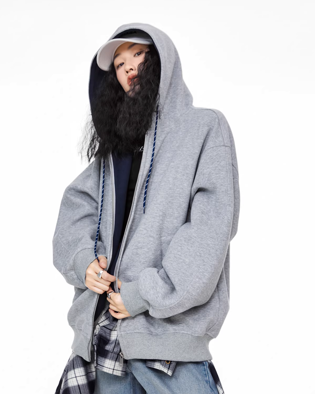 Oversized Drawstring Full Zip Hoodie ICM0073