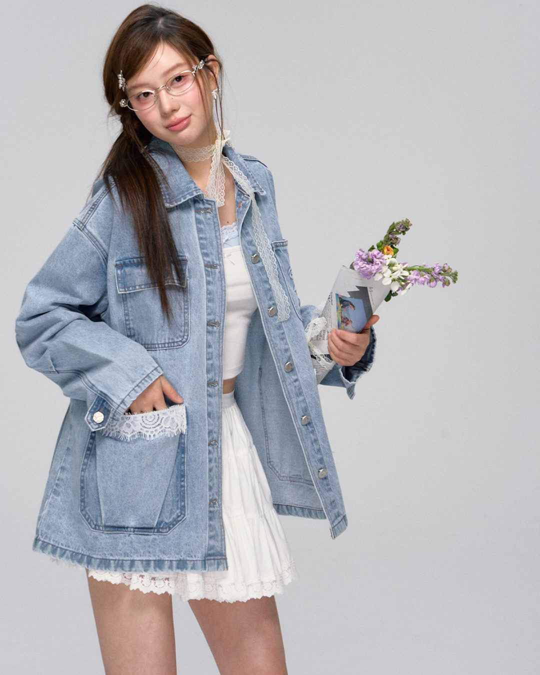 Lace Pocket Denim Jacket / Cropped Lace Camisole ASG0029