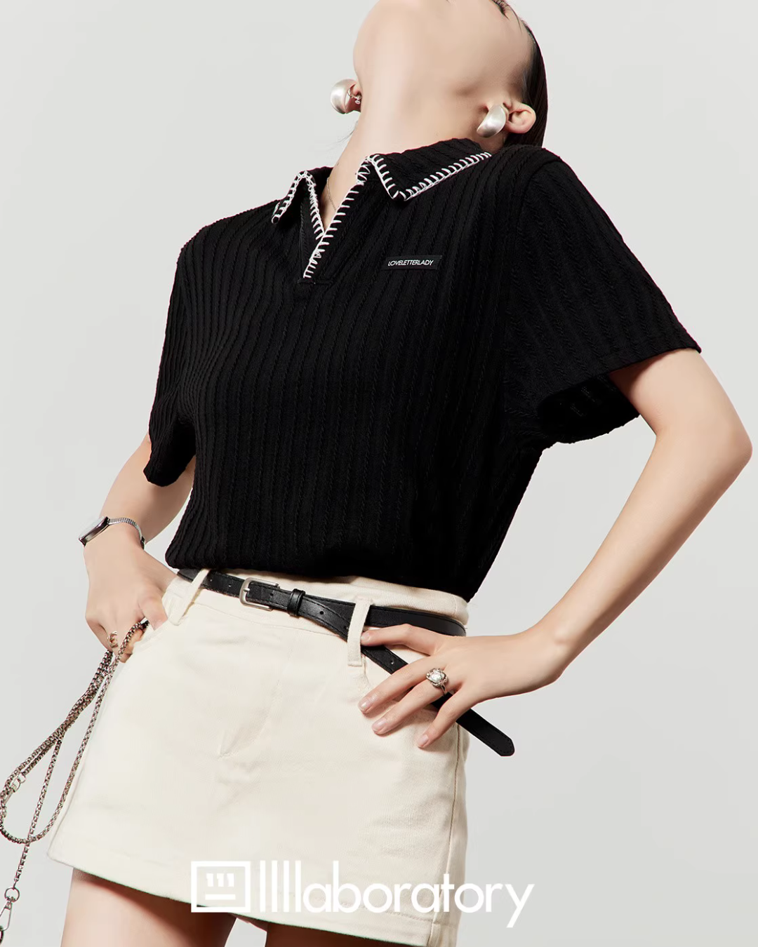 Polo Knit Relax Tops / Stripe Pleated Skirt LLA0490