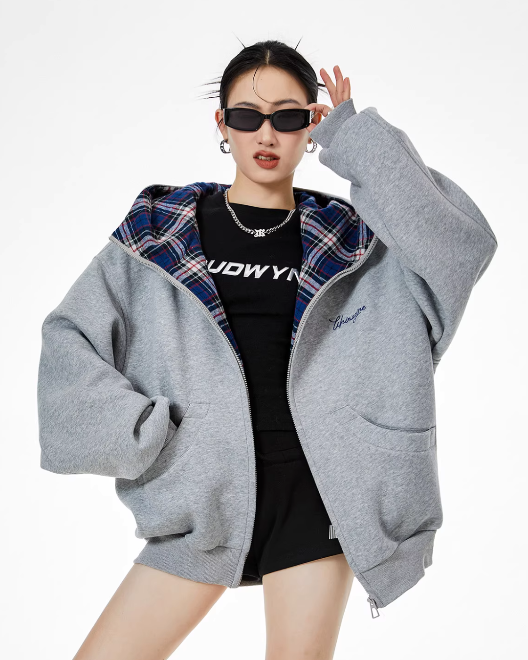 Retro Plaid Stitched Zip Hoodie ICM0069