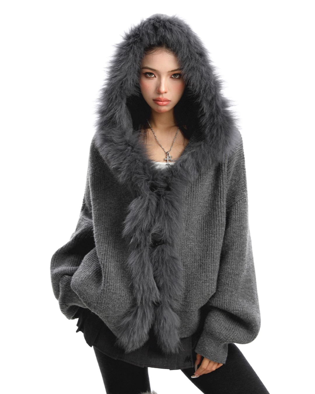 Fur Hood Zip Up Knit BGS0018