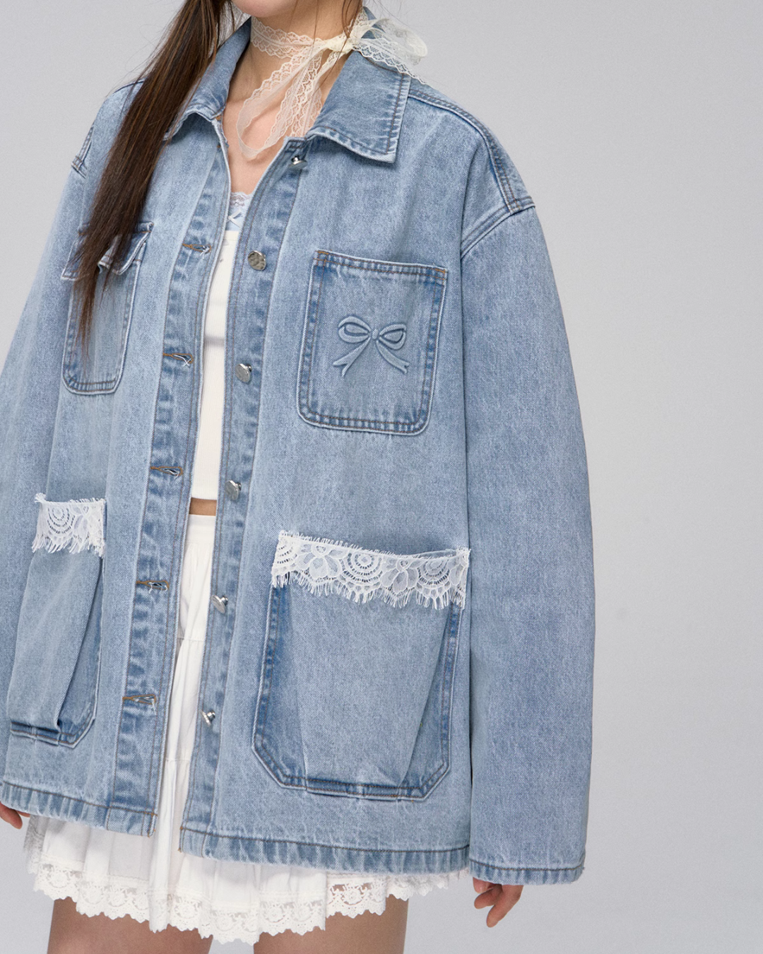 Lace Pocket Denim Jacket / Cropped Lace Camisole ASG0029