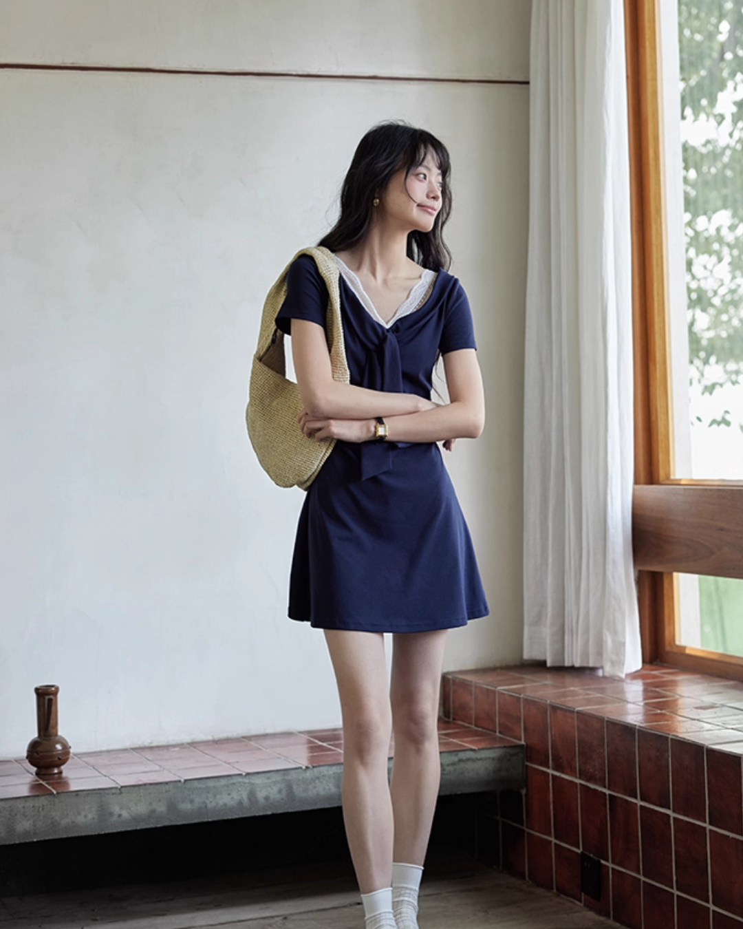 V-neck Navy Blue Dress SMS0025