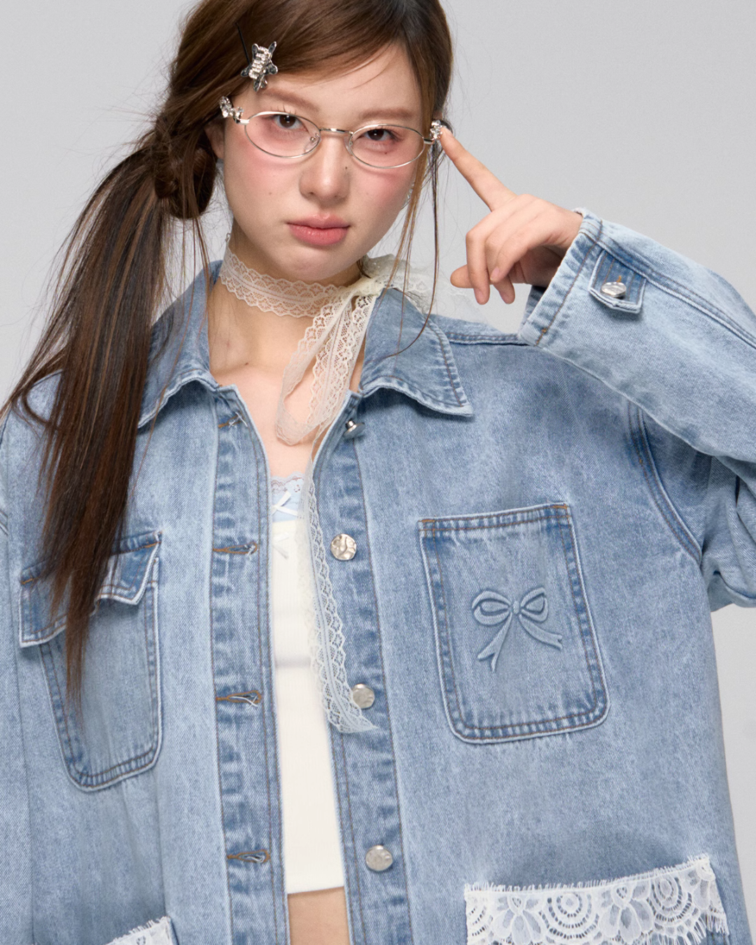 Lace Pocket Denim Jacket / Cropped Lace Camisole ASG0029