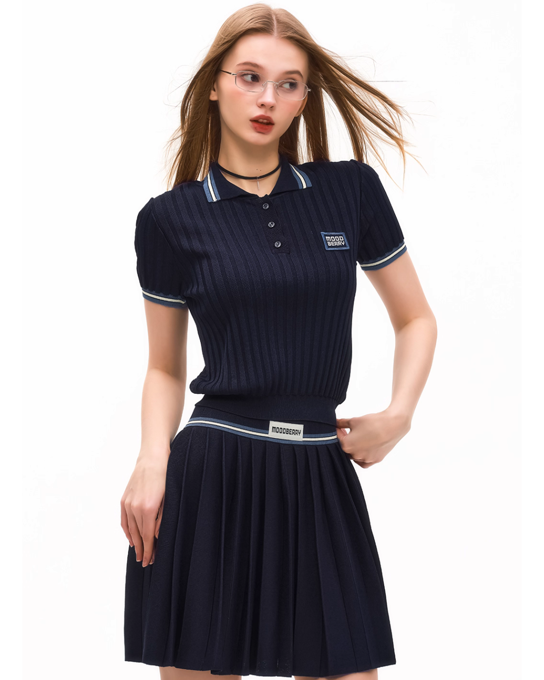 Polo Rib Knit Top / Pleated Skirt MDB0001