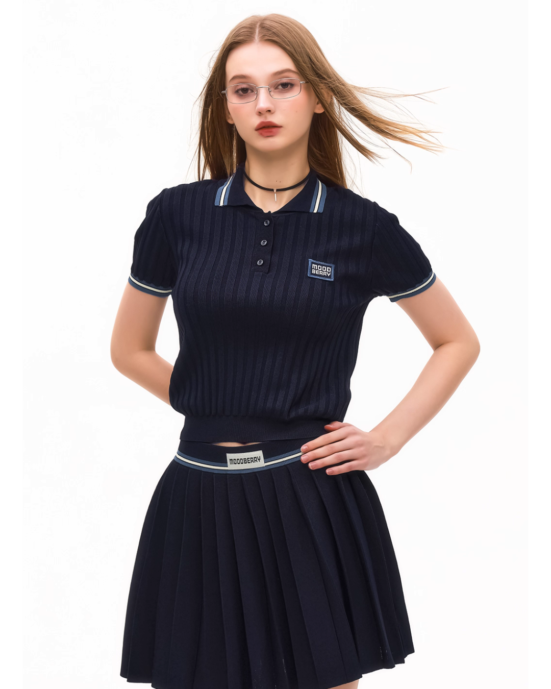 Polo Rib Knit Top / Pleated Skirt MDB0001