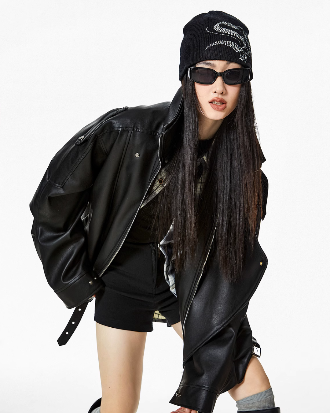 Stand Collar Volume Leather Jacket ICM0063
