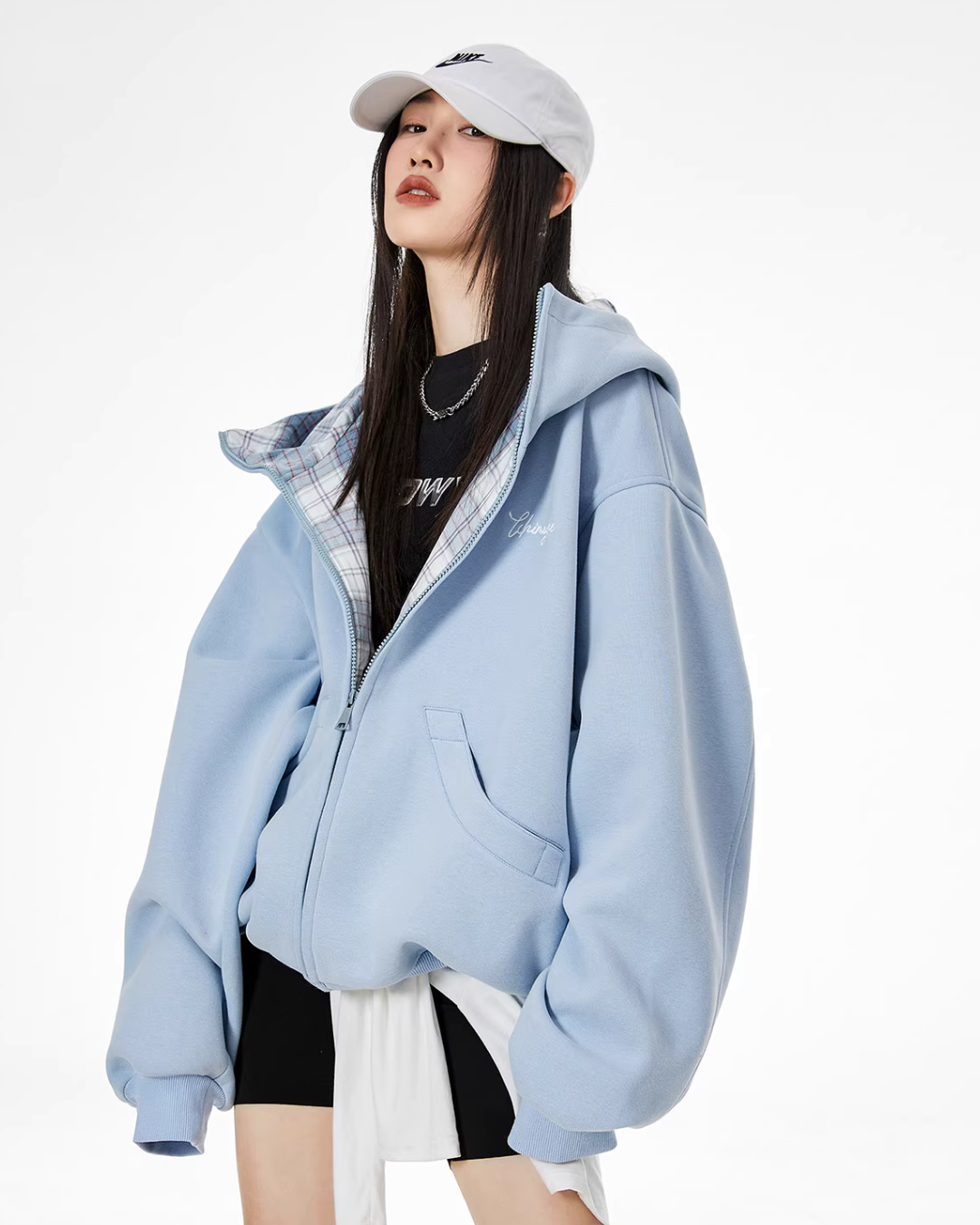 Retro Plaid Stitched Zip Hoodie ICM0069