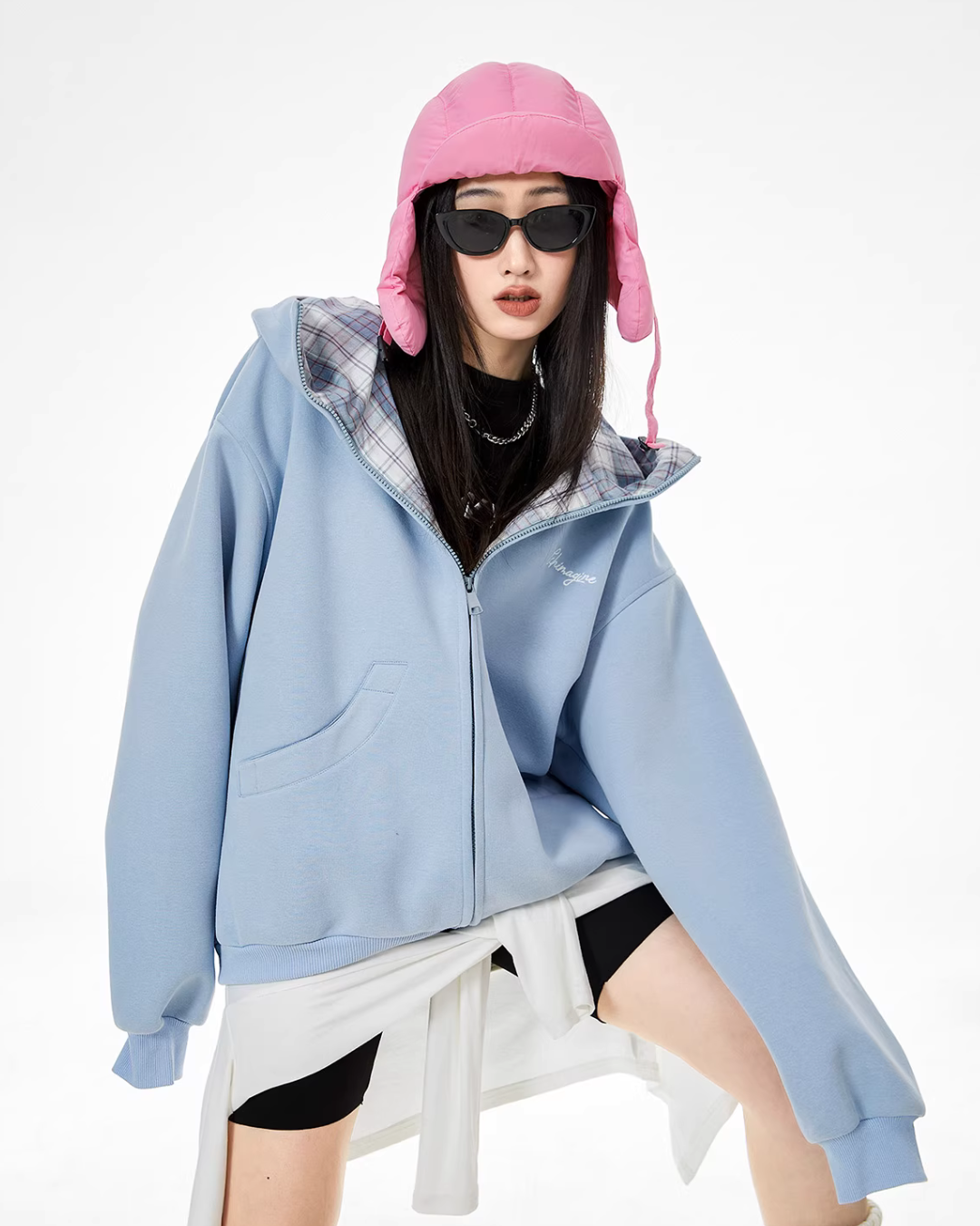 Retro Plaid Stitched Zip Hoodie ICM0069