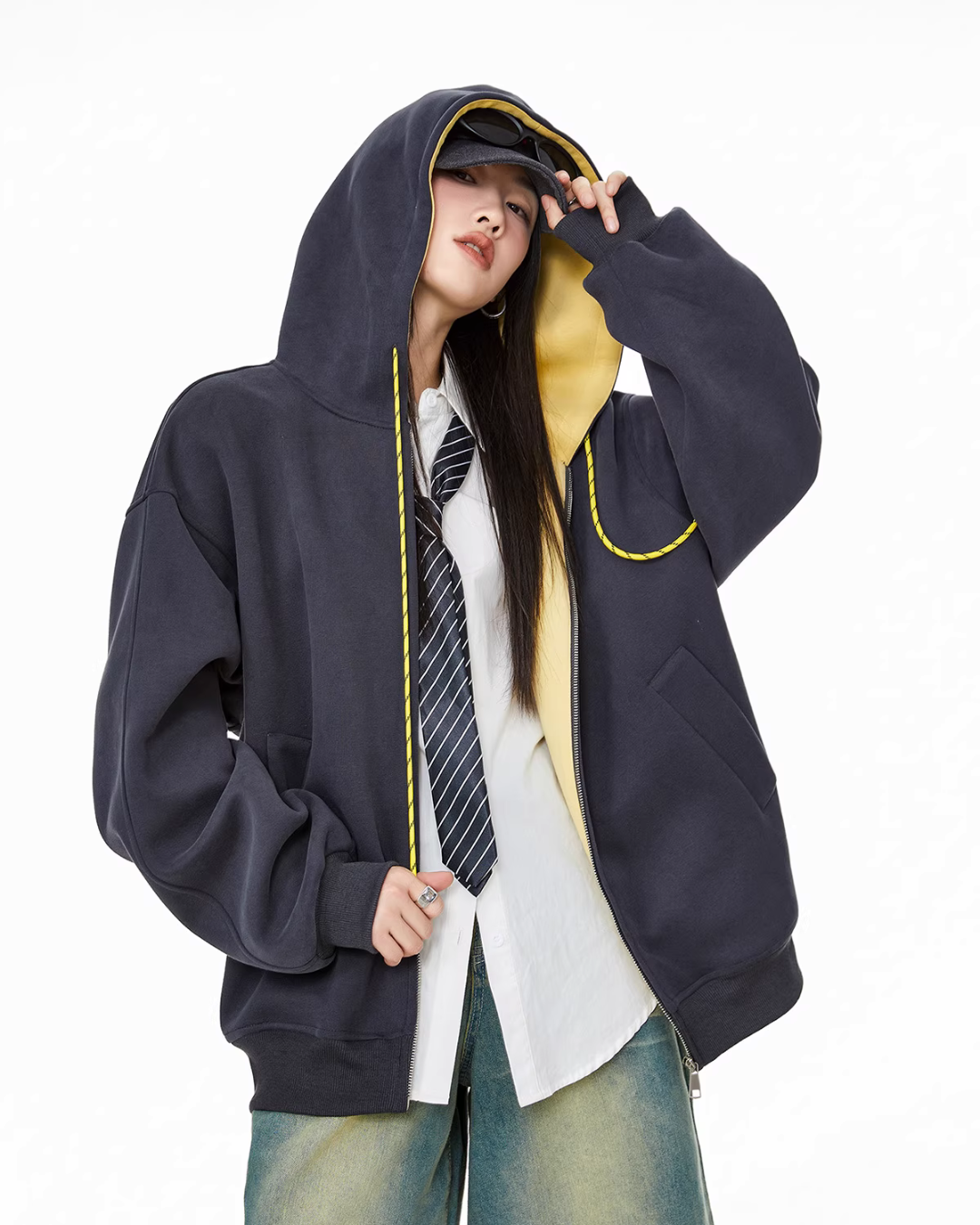 Oversized Drawstring Full Zip Hoodie ICM0073