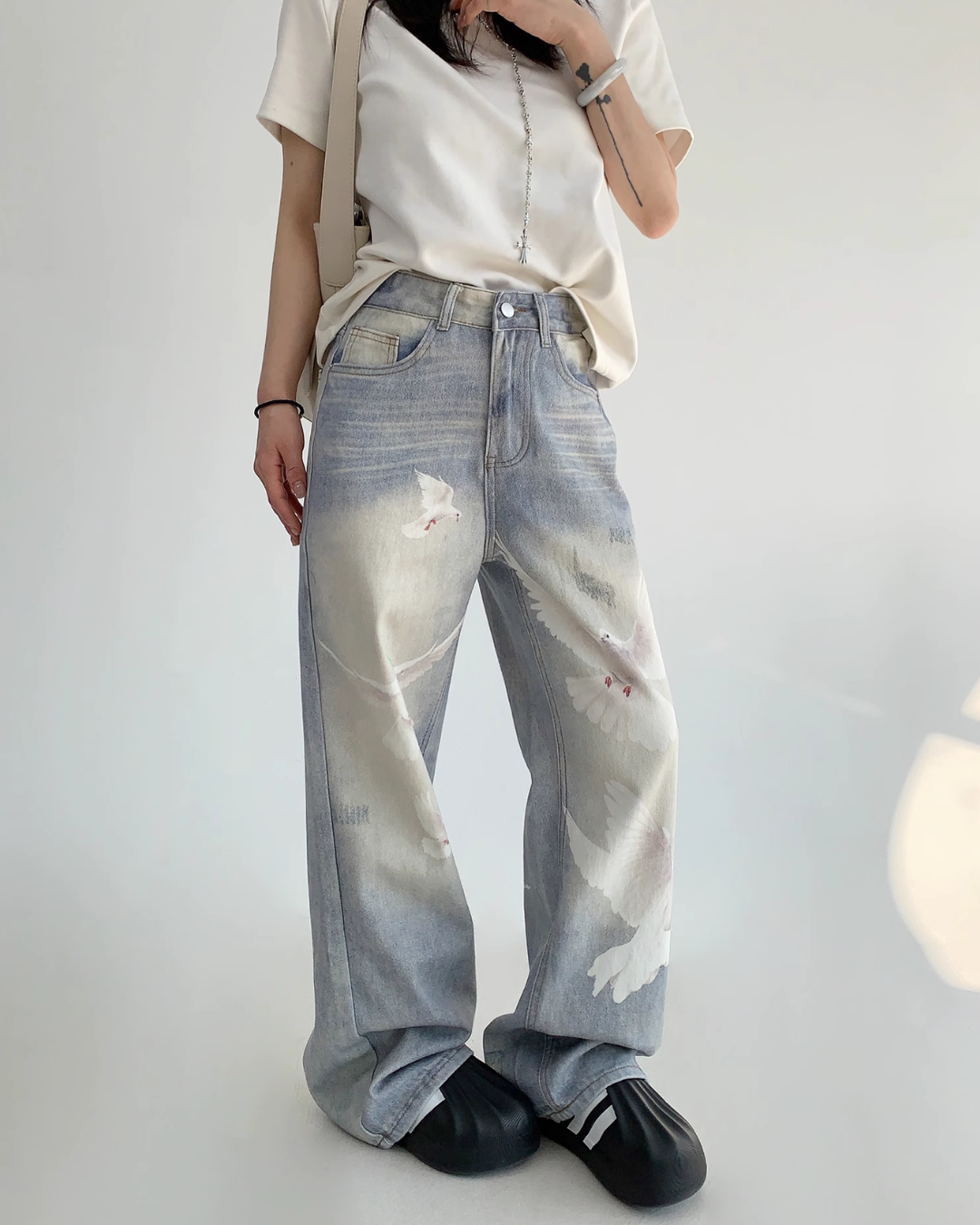 Bird Print Wide Denim Pants YLS0825