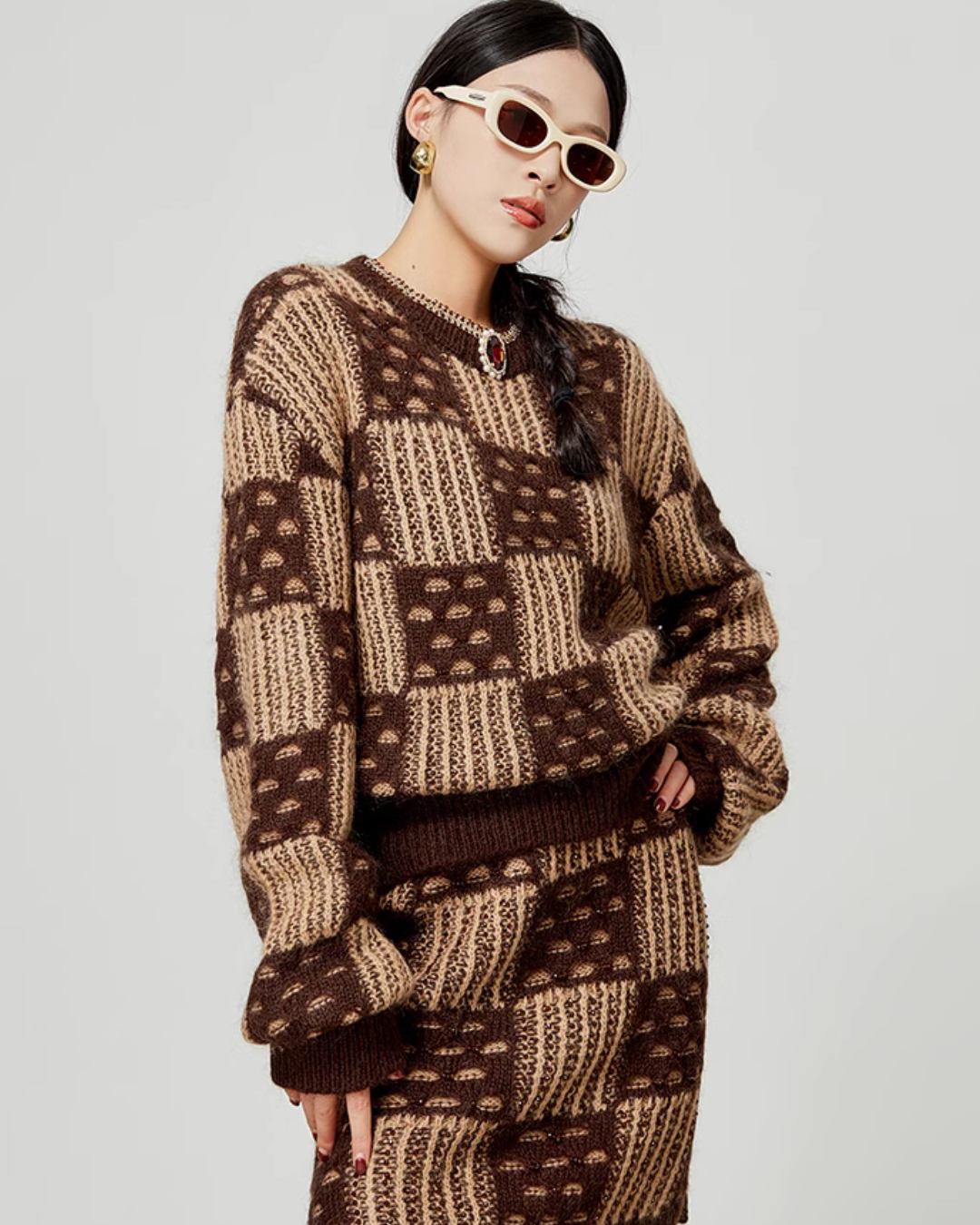 Checker Board Crewneck Knit / Tight Mini Skirt LLA0356