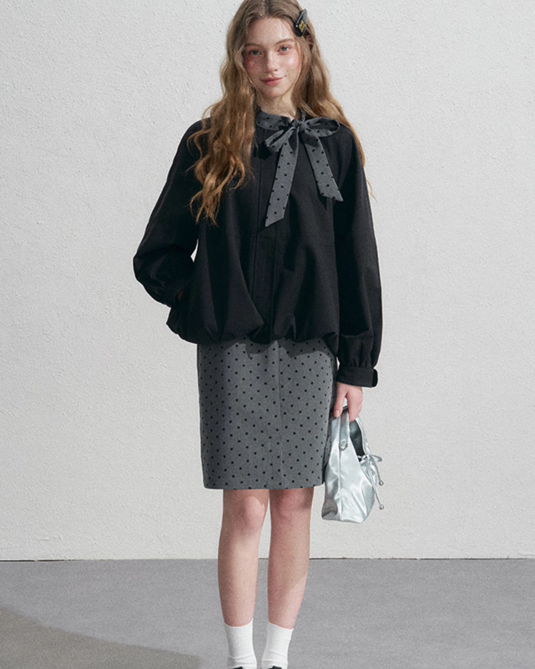Ribbon Collar Long-Sleeve Blouse / Polka Dot Skirt NEP0002