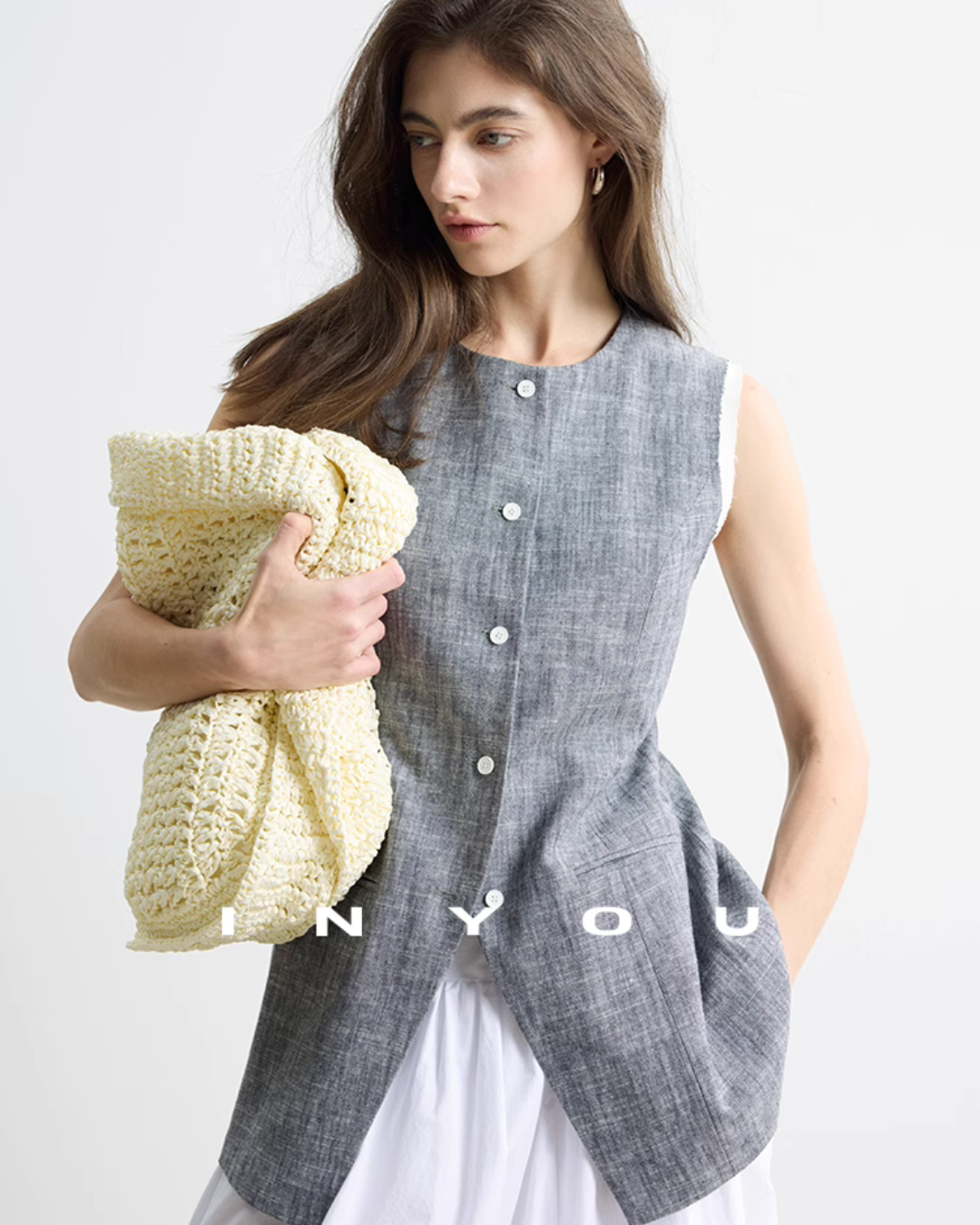 Cotton Linen No-Collar Vest IWY0004