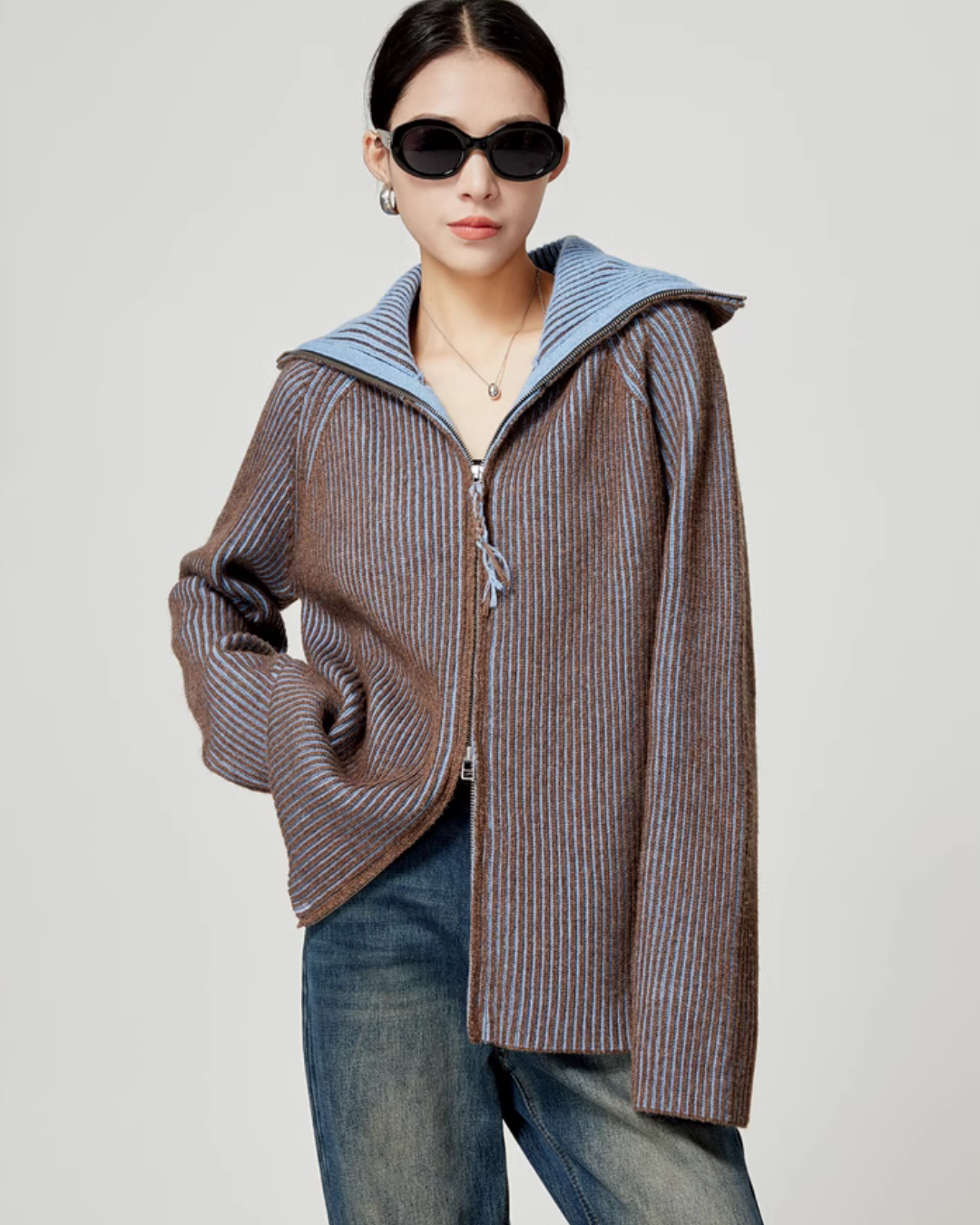 Double Zipper Knit Cardigan / Vintage Denim Pants LLA0344