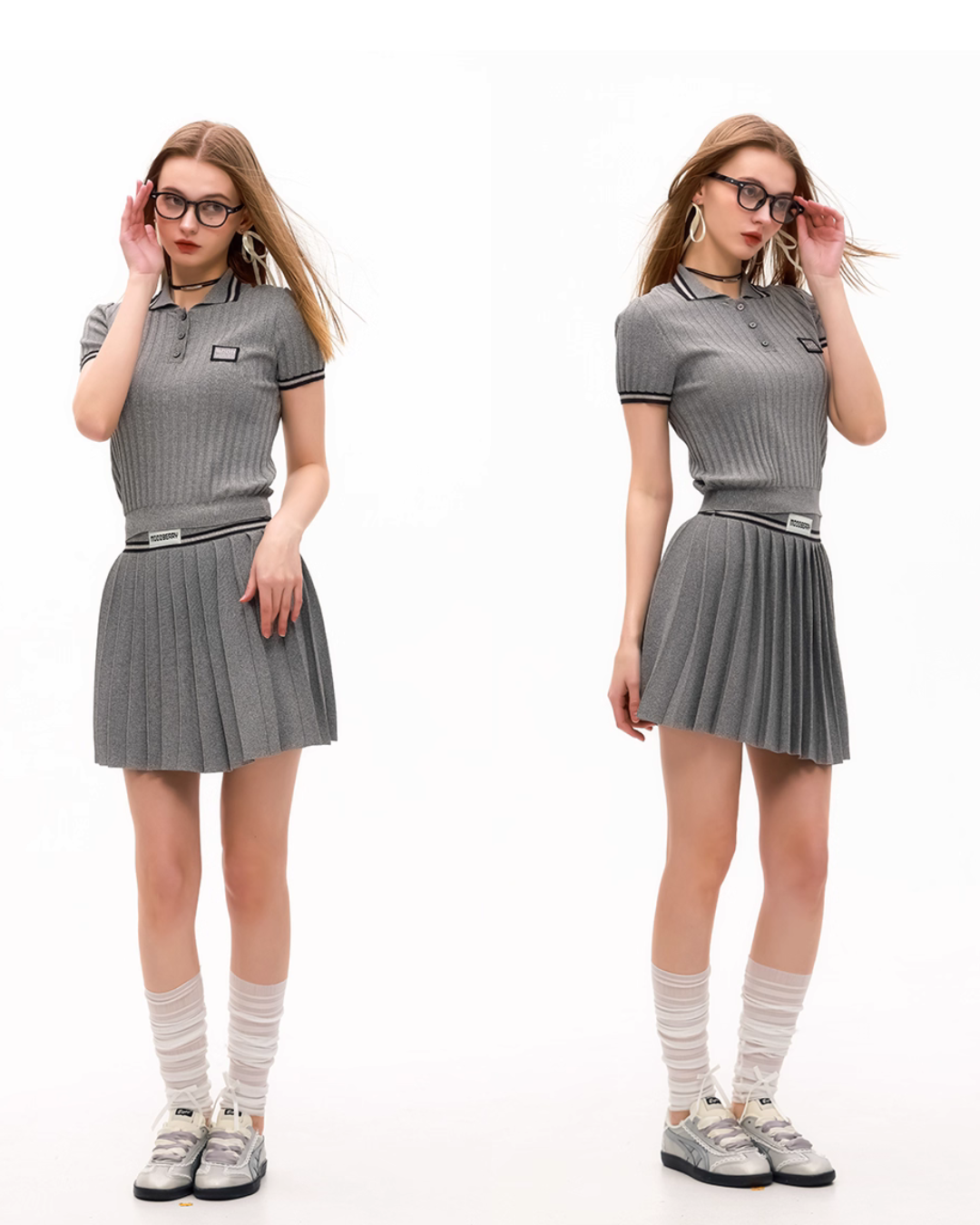 Polo Rib Knit Top / Pleated Skirt MDB0001