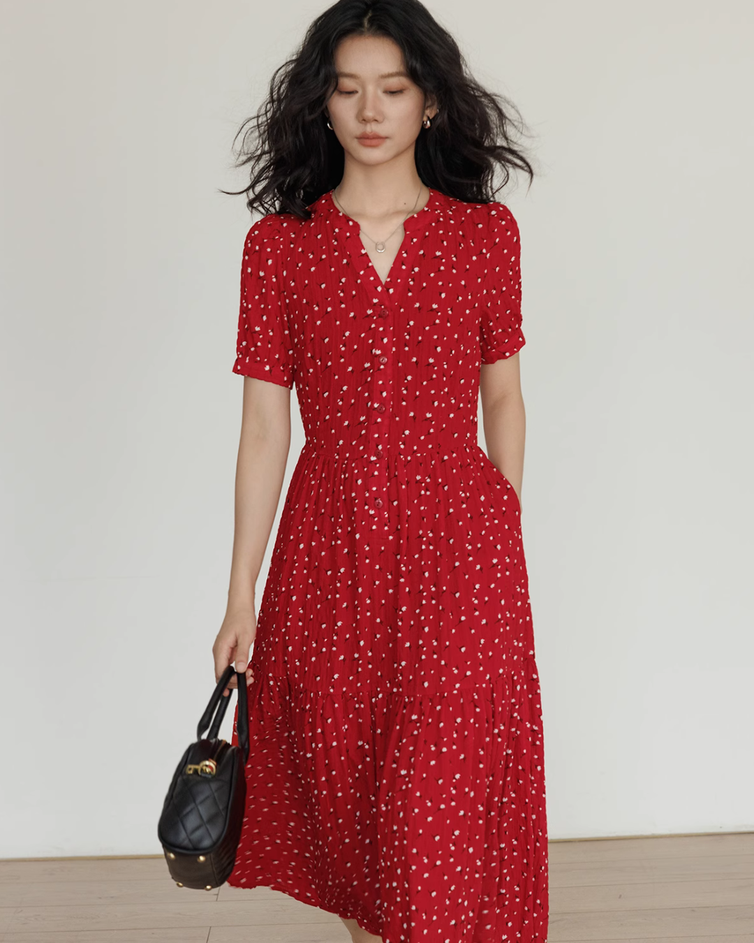 Small Flower Red Long Dress VAS0093