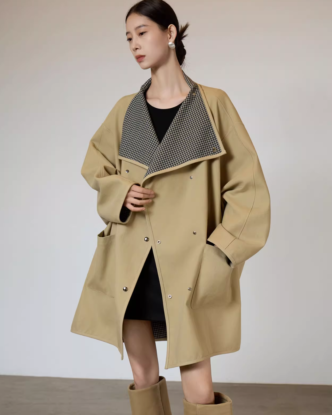 Khaki Plaid Patchwork Trench Coat SUY0005
