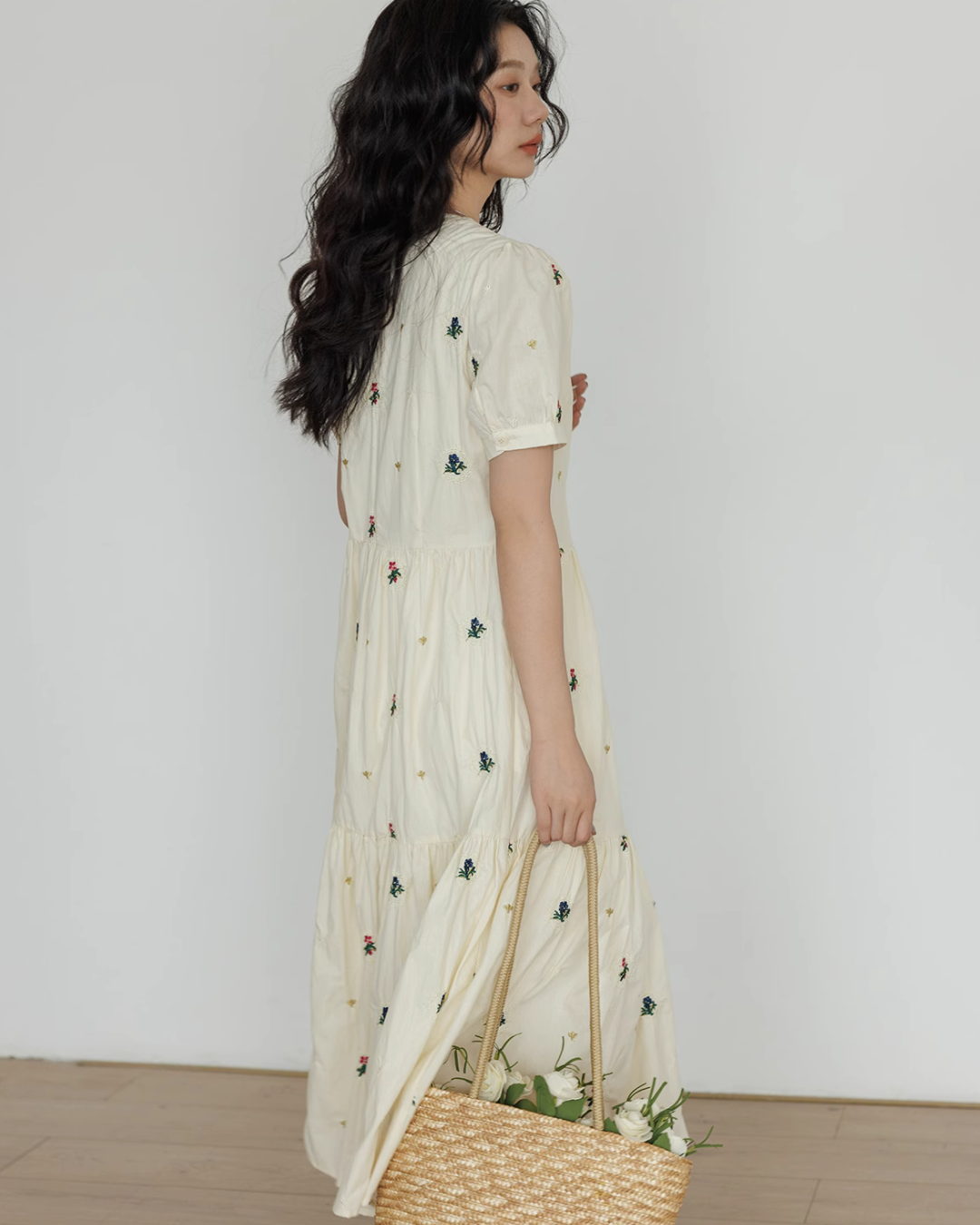 Apricot Flower Embroidery Tiered Long Dress VAS0022
