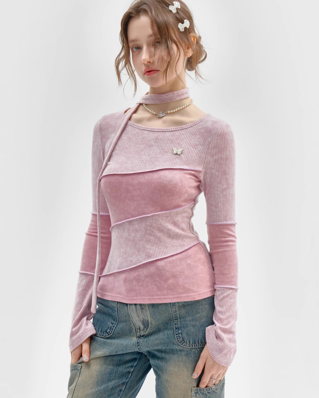 Diagonal Design Top with Choker ZZF0362