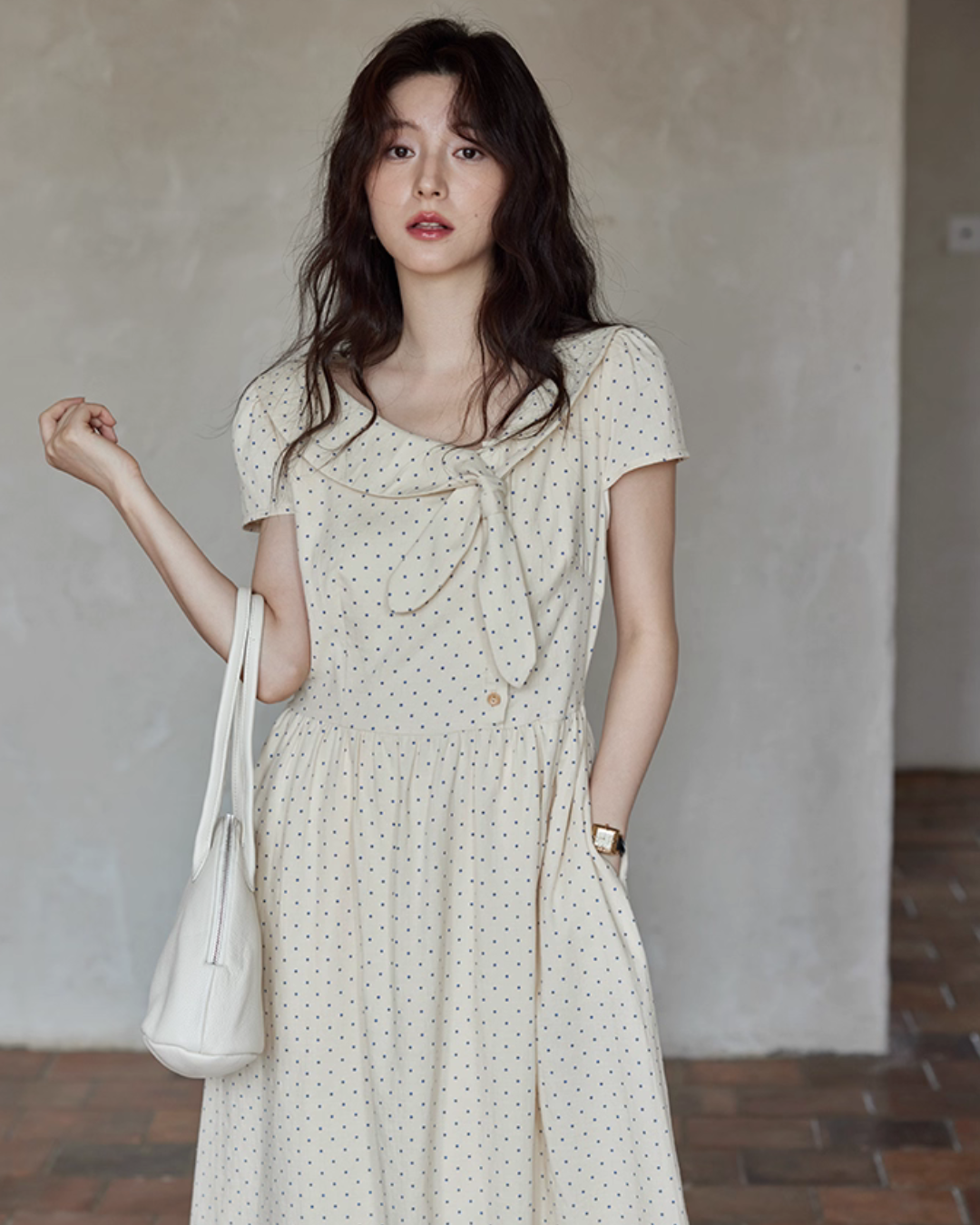 Ribbon Collar Polka Dot Dress SMS0022
