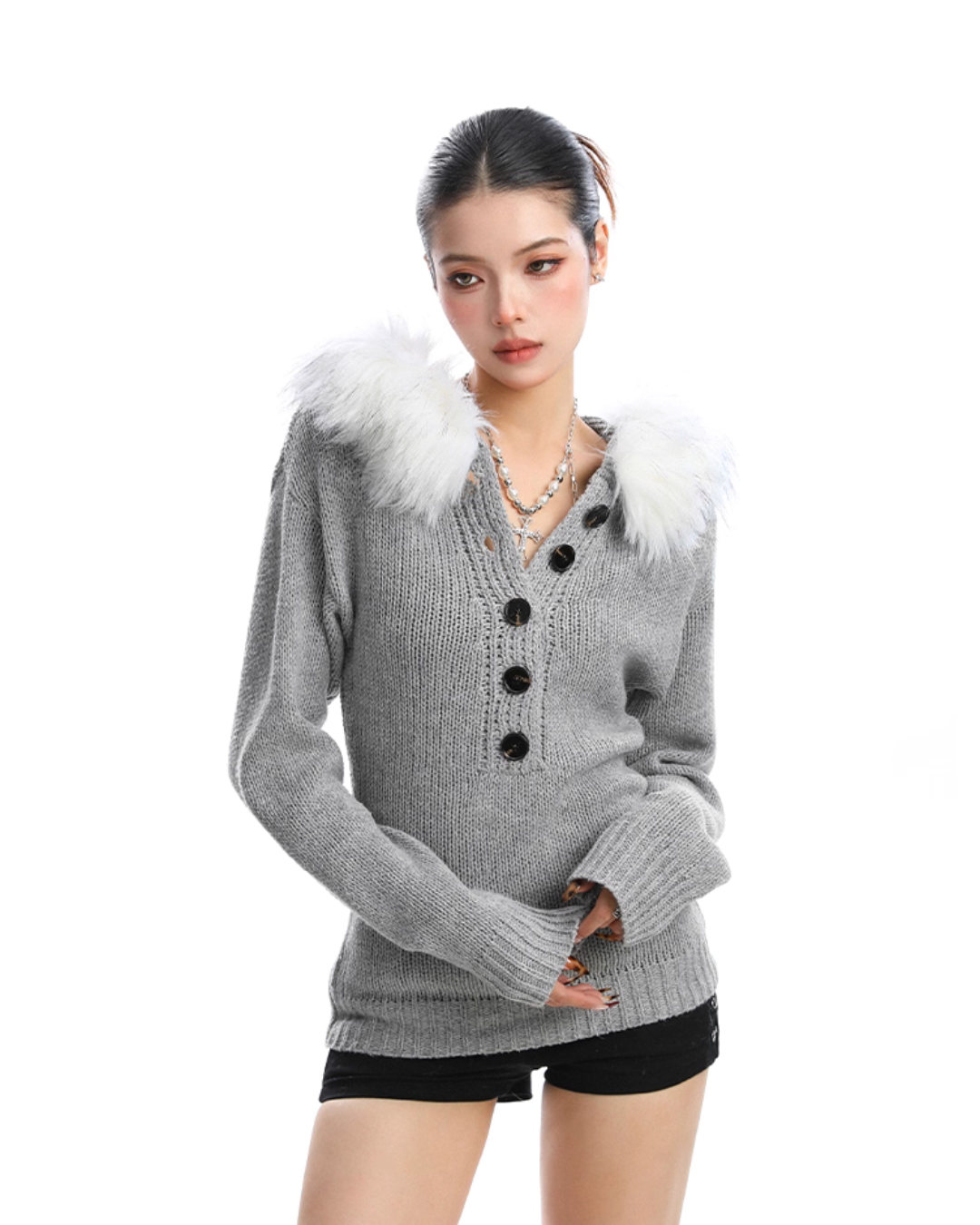 Fur Hood Half Button Knit BGS0014