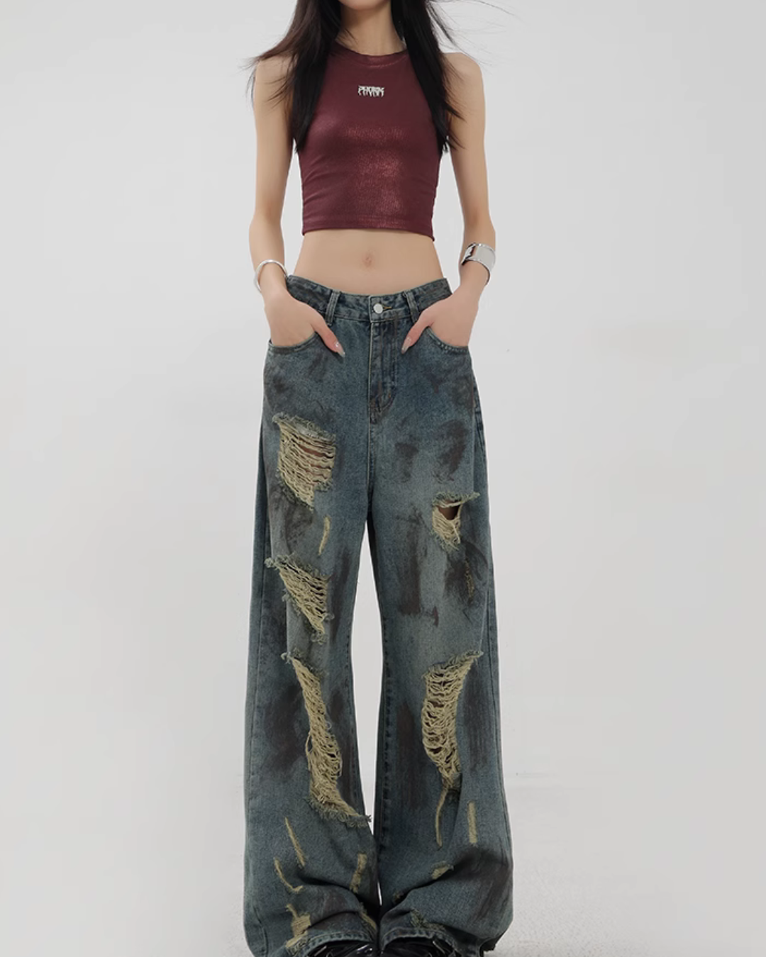 Vintage Damaged Wide Denim Pants KNH0003