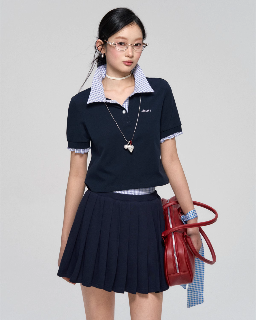Checked Collar Half Button Top ASG0042