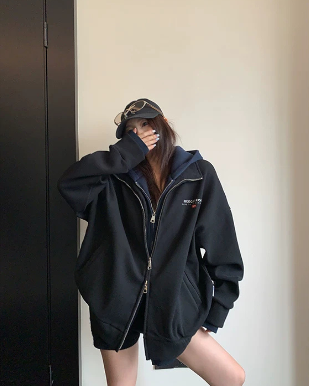 Labeled Button Double Zip Hoodie YLS1076