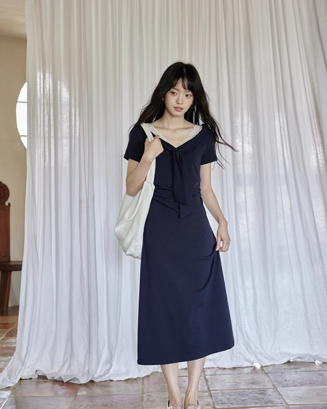 V-neck Navy Blue Dress SMS0025
